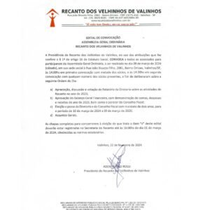 Edital de Convocação de Assembleia Geral do Recanto dos Velhinhos de Valinhos